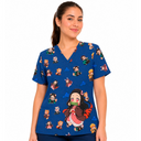 Top clínico de mujer con diseño Demon Slayer Azul Marino, en tela antifluido