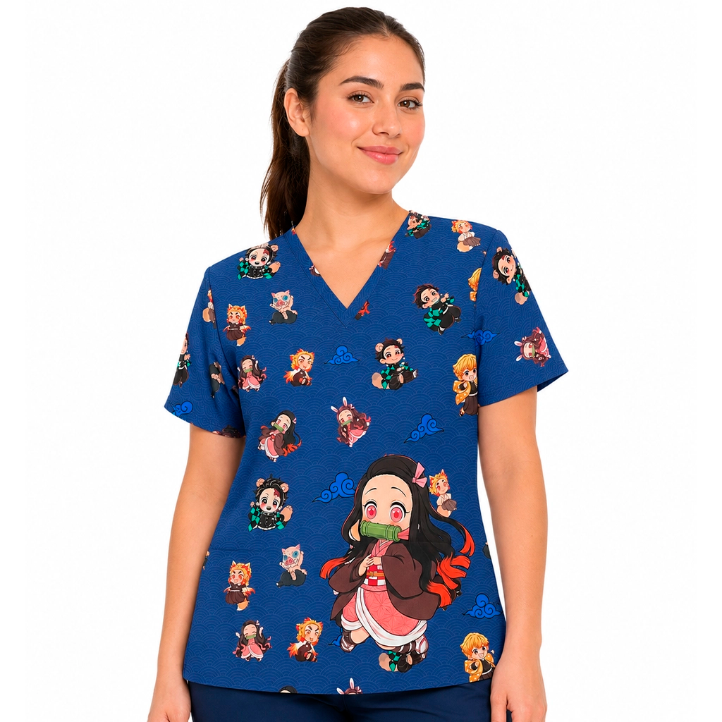 Top clínico de mujer con diseño Demon Slayer Azul Marino, en tela antifluido