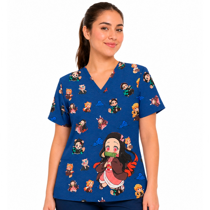 Top clínico de mujer con diseño Demon Slayer Azul Marino, en tela antifluido
