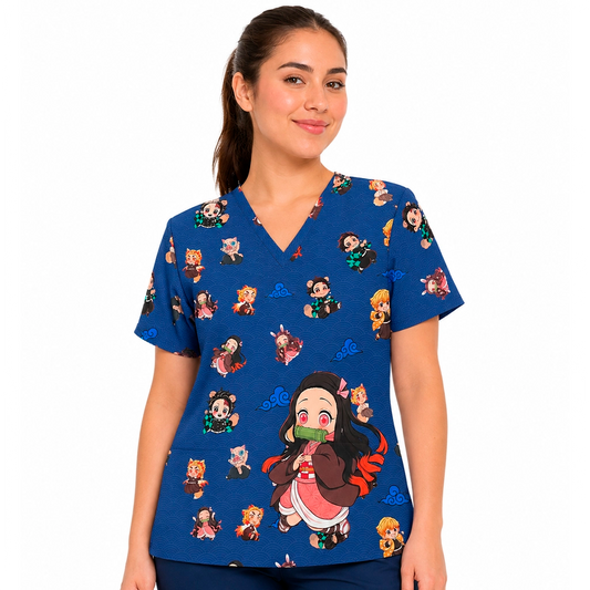 Top clínico de mujer con diseño Demon Slayer Azul Marino, en tela antifluido