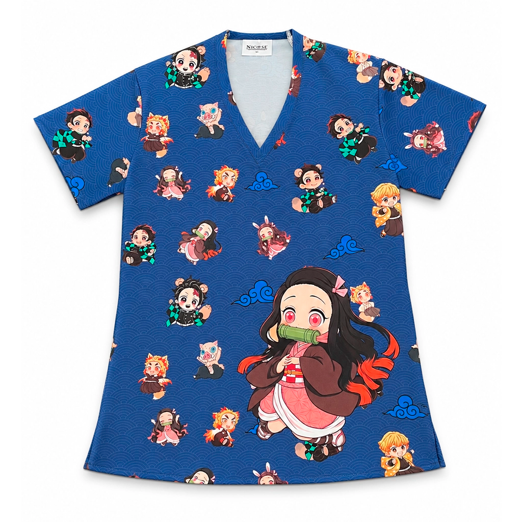 Top clínico de mujer con diseño Demon Slayer Azul Marino, vista 3