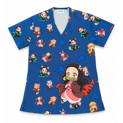 Top clínico de mujer con diseño Demon Slayer Azul Marino, vista 3