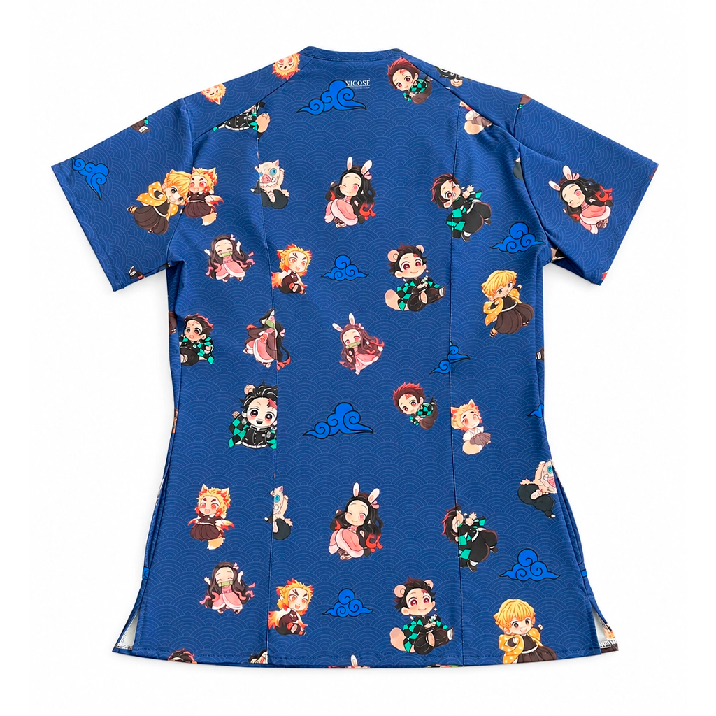 Top clínico de mujer con diseño Demon Slayer Azul Marino, vista 4