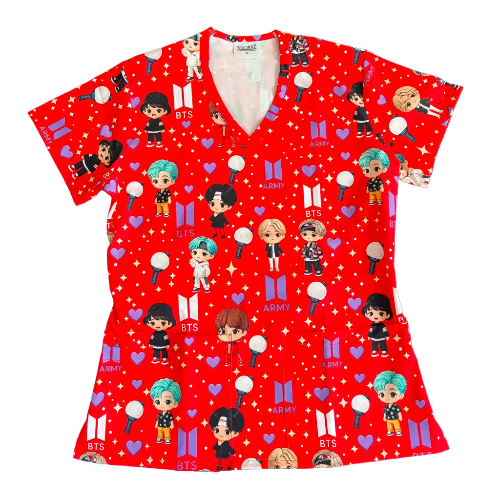 Top clínico mujer antifluido estampado BTS Kawaii Rojo, vista frontal