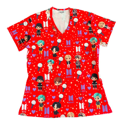 Top clínico mujer antifluido estampado BTS Kawaii Rojo, vista frontal