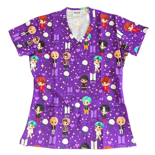 Top clínico mujer antifluido estampado BTS Tinytan Morado, vista frontal