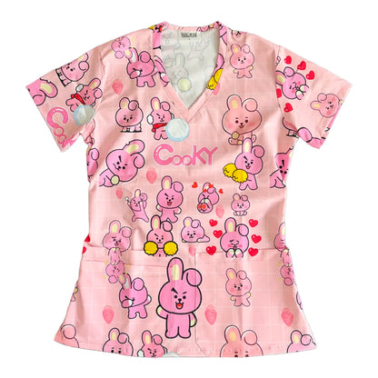 Top clínico mujer antifluido estampado Cooky Kawaii Rosado, vista frontal