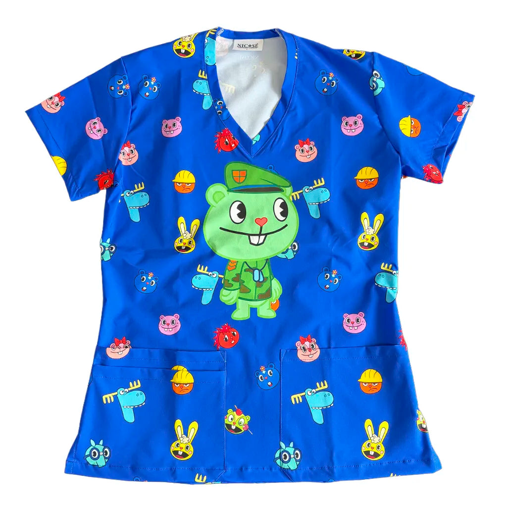 Top clínico mujer antifluido estampado Happy Tree Friends Azul Rey, vista frontal