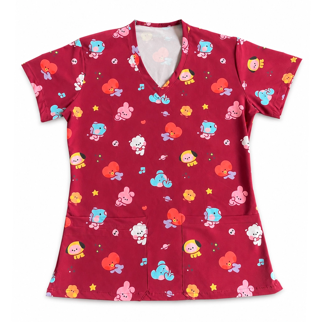 Top clínico mujer antifluido estampado BT21 kawaii burdeo, vista frontal