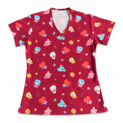 Top clínico mujer antifluido estampado BT21 kawaii burdeo, vista frontal