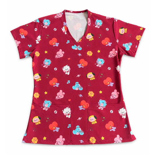 Top clínico mujer antifluido estampado BT21 kawaii burdeo, vista frontal