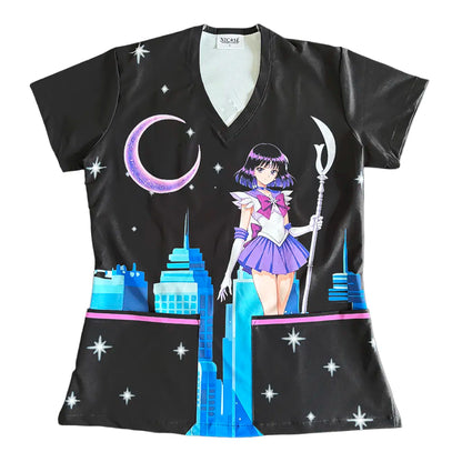 Top clínico mujer antifluido estampado Sailor Saturn Negro, vista frontal