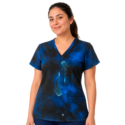 Top clínico mujer galaxia azul con tiburones ballena puesto por modelo, vista frontal