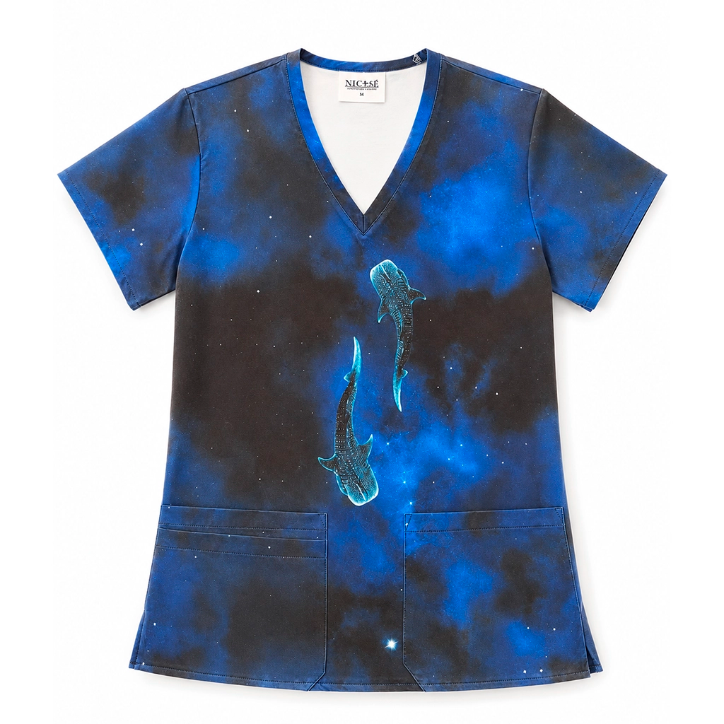 Top clínico mujer antifluido estampado tiburones ballena galaxia azul, vista frontal
