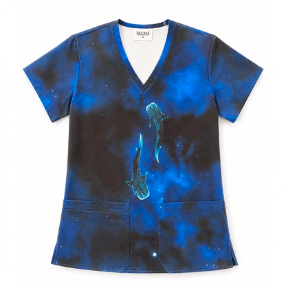 Top clínico mujer antifluido estampado tiburones ballena galaxia azul, vista frontal