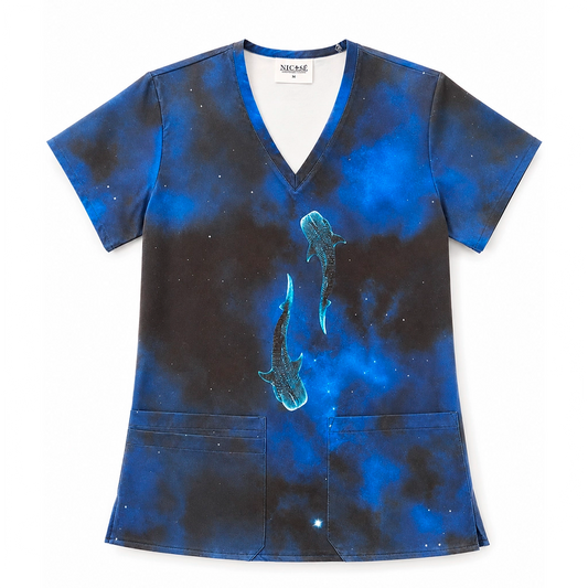 Top clínico mujer antifluido estampado tiburones ballena galaxia azul, vista frontal