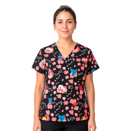 Top clínico de mujer con diseño BT21 Negro Flores - Talla L, en tela antifluido