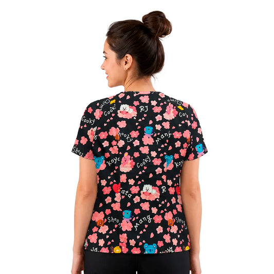 Top clínico de mujer con diseño BT21 Negro Flores - Talla L, vista 2