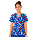 Top clínico de mujer con diseño BT21 Azul Rey, en tela antifluido