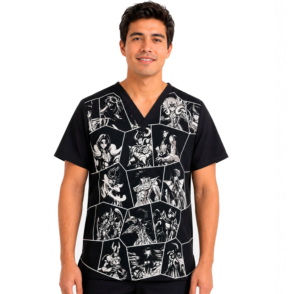 Top clínico de hombre con diseño Caballeros del Zodiaco, en tela antifluido